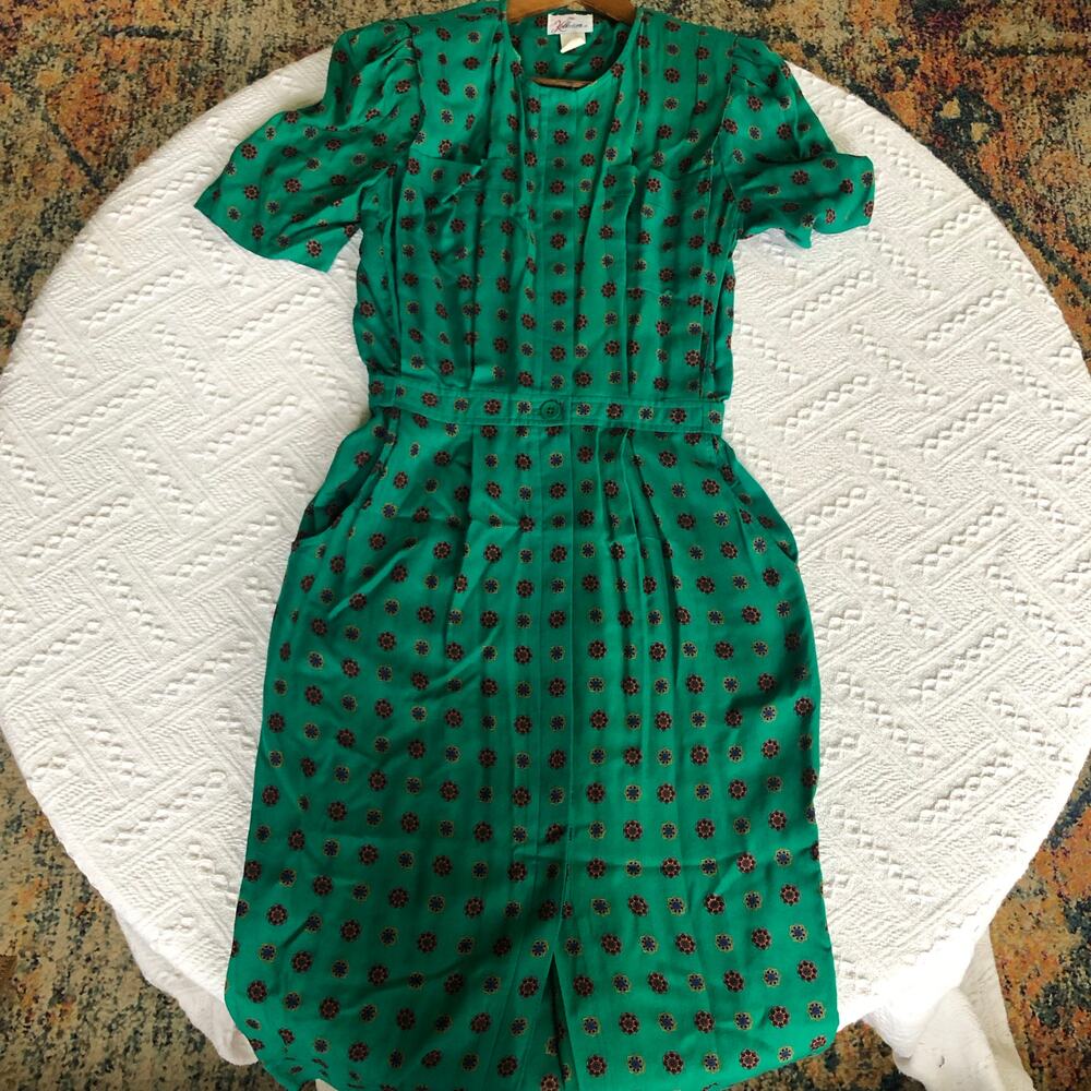 VTG 80s 90s The Kollection Green Rayon Medallion‎ Midi Dress S USA Cottagecore